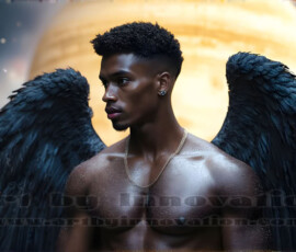 Stunning AI-generated male angel art — handsome heavenly warriors with enormous shimmering wings descending from the celestial realm. Heaven's Warriors Collection by Jeff Dupler.