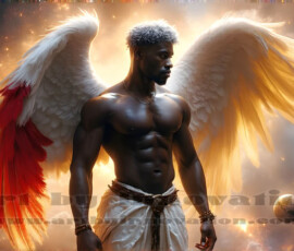 Stunning AI-generated male angel art — handsome heavenly warriors with enormous shimmering wings descending from the celestial realm. Heaven's Warriors Collection by Jeff Dupler.