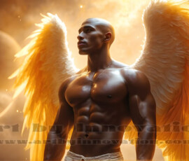 Stunning AI-generated male angel art — handsome heavenly warriors with enormous shimmering wings descending from the celestial realm. Heaven's Warriors Collection by Jeff Dupler.