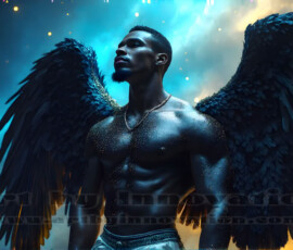 Stunning AI-generated male angel art — handsome heavenly warriors with enormous shimmering wings descending from the celestial realm. Heaven's Warriors Collection by Jeff Dupler.