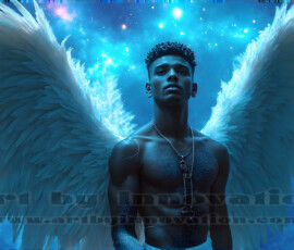 Stunning AI-generated male angel art — handsome heavenly warriors with enormous shimmering wings descending from the celestial realm. Heaven's Warriors Collection by Jeff Dupler.