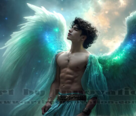 Stunning AI-generated male angel art — handsome heavenly warriors with enormous shimmering wings descending from the celestial realm. Heaven's Warriors Collection by Jeff Dupler.