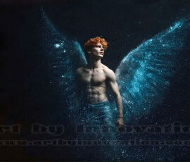 Stunning AI-generated male angel art — handsome heavenly warriors with enormous shimmering wings descending from the celestial realm. Heaven's Warriors Collection by Jeff Dupler.