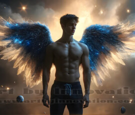 Stunning AI-generated male angel art — handsome heavenly warriors with enormous shimmering wings descending from the celestial realm. Heaven's Warriors Collection by Jeff Dupler.