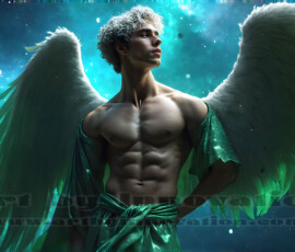 Stunning AI-generated male angel art — handsome heavenly warriors with enormous shimmering wings descending from the celestial realm. Heaven's Warriors Collection by Jeff Dupler.