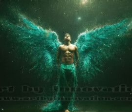 Stunning AI-generated male angel art — handsome heavenly warriors with enormous shimmering wings descending from the celestial realm. Heaven's Warriors Collection by Jeff Dupler.