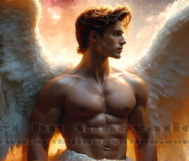 Stunning AI-generated male angel art — handsome heavenly warriors with enormous shimmering wings descending from the celestial realm. Heaven's Warriors Collection by Jeff Dupler.