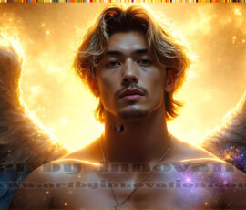 Stunning AI-generated male angel art — handsome heavenly warriors with enormous shimmering wings descending from the celestial realm. Heaven's Warriors Collection by Jeff Dupler.