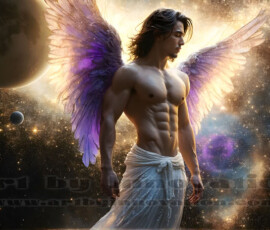 Stunning AI-generated male angel art — handsome heavenly warriors with enormous shimmering wings descending from the celestial realm. Heaven's Warriors Collection by Jeff Dupler.