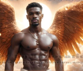 Stunning AI-generated male angel art — handsome heavenly warriors with enormous shimmering wings descending from the celestial realm. Heaven's Warriors Collection by Jeff Dupler.