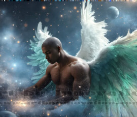 Stunning AI-generated male angel art — handsome heavenly warriors with enormous shimmering wings descending from the celestial realm. Heaven's Warriors Collection by Jeff Dupler.