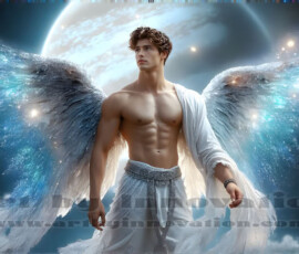 Stunning AI-generated male angel art — handsome heavenly warriors with enormous shimmering wings descending from the celestial realm. Heaven's Warriors Collection by Jeff Dupler.