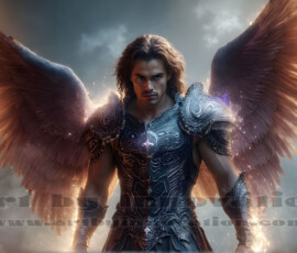 Stunning AI-generated male angel art — handsome heavenly warriors with enormous shimmering wings descending from the celestial realm. Heaven's Warriors Collection by Jeff Dupler.
