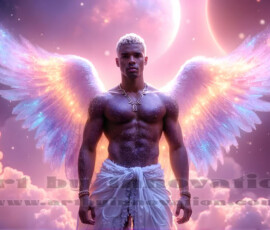 Stunning AI-generated male angel art — handsome heavenly warriors with enormous shimmering wings descending from the celestial realm. Heaven's Warriors Collection by Jeff Dupler.