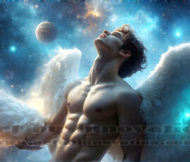 Stunning AI-generated male angel art — handsome heavenly warriors with enormous shimmering wings descending from the celestial realm. Heaven's Warriors Collection by Jeff Dupler.