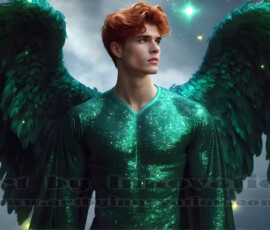 Stunning AI-generated male angel art — handsome heavenly warriors with enormous shimmering wings descending from the celestial realm. Heaven's Warriors Collection by Jeff Dupler.