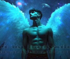 Stunning AI-generated male angel art — handsome heavenly warriors with enormous shimmering wings descending from the celestial realm. Heaven's Warriors Collection by Jeff Dupler.