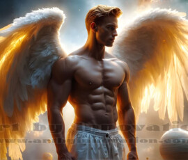 Stunning AI-generated male angel art — handsome heavenly warriors with enormous shimmering wings descending from the celestial realm. Heaven's Warriors Collection by Jeff Dupler.