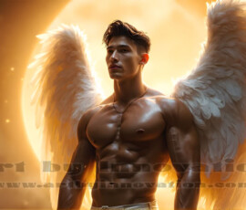 Stunning AI-generated male angel art — handsome heavenly warriors with enormous shimmering wings descending from the celestial realm. Heaven's Warriors Collection by Jeff Dupler.