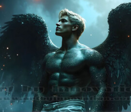 Stunning AI-generated male angel art — handsome heavenly warriors with enormous shimmering wings descending from the celestial realm. Heaven's Warriors Collection by Jeff Dupler.