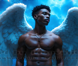 Stunning AI-generated male angel art — handsome heavenly warriors with enormous shimmering wings descending from the celestial realm. Heaven's Warriors Collection by Jeff Dupler.