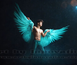 Stunning AI-generated male angel art — handsome heavenly warriors with enormous shimmering wings descending from the celestial realm. Heaven's Warriors Collection by Jeff Dupler.