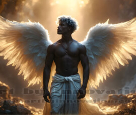 Stunning AI-generated male angel art — handsome heavenly warriors with enormous shimmering wings descending from the celestial realm. Heaven's Warriors Collection by Jeff Dupler.