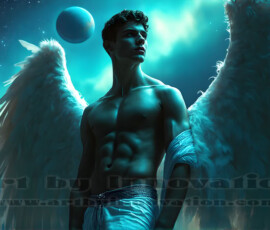 Stunning AI-generated male angel art — handsome heavenly warriors with enormous shimmering wings descending from the celestial realm. Heaven's Warriors Collection by Jeff Dupler.