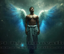 Stunning AI-generated male angel art — handsome heavenly warriors with enormous shimmering wings descending from the celestial realm. Heaven's Warriors Collection by Jeff Dupler.