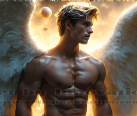 Stunning AI-generated male angel art — handsome heavenly warriors with enormous shimmering wings descending from the celestial realm. Heaven's Warriors Collection by Jeff Dupler.