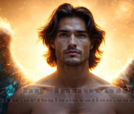 Stunning AI-generated male angel art — handsome heavenly warriors with enormous shimmering wings descending from the celestial realm. Heaven's Warriors Collection by Jeff Dupler.