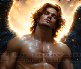 Stunning AI-generated male angel art — handsome heavenly warriors with enormous shimmering wings descending from the celestial realm. Heaven's Warriors Collection by Jeff Dupler.