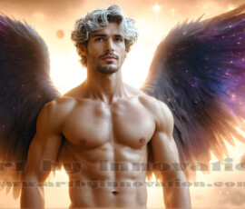 Stunning AI-generated male angel art — handsome heavenly warriors with enormous shimmering wings descending from the celestial realm. Heaven's Warriors Collection by Jeff Dupler.