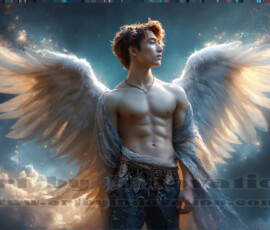 Stunning AI-generated male angel art — handsome heavenly warriors with enormous shimmering wings descending from the celestial realm. Heaven's Warriors Collection by Jeff Dupler.