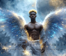 Stunning AI-generated male angel art — handsome heavenly warriors with enormous shimmering wings descending from the celestial realm. Heaven's Warriors Collection by Jeff Dupler.