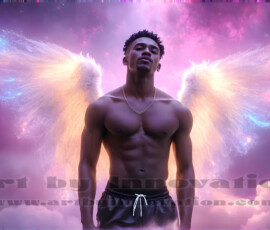Stunning AI-generated male angel art — handsome heavenly warriors with enormous shimmering wings descending from the celestial realm. Heaven's Warriors Collection by Jeff Dupler.