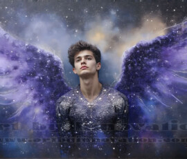 Stunning AI-generated male angel art — handsome heavenly warriors with enormous shimmering wings descending from the celestial realm. Heaven's Warriors Collection by Jeff Dupler.