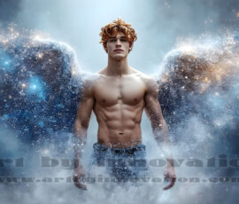 Stunning AI-generated male angel art — handsome heavenly warriors with enormous shimmering wings descending from the celestial realm. Heaven's Warriors Collection by Jeff Dupler.