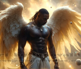 Stunning AI-generated male angel art — handsome heavenly warriors with enormous shimmering wings descending from the celestial realm. Heaven's Warriors Collection by Jeff Dupler.