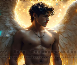 Stunning AI-generated male angel art — handsome heavenly warriors with enormous shimmering wings descending from the celestial realm. Heaven's Warriors Collection by Jeff Dupler.