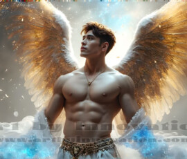 Stunning AI-generated male angel art — handsome heavenly warriors with enormous shimmering wings descending from the celestial realm. Heaven's Warriors Collection by Jeff Dupler.