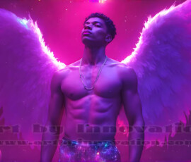 Stunning AI-generated male angel art — handsome heavenly warriors with enormous shimmering wings descending from the celestial realm. Heaven's Warriors Collection by Jeff Dupler.