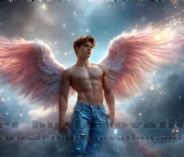 Stunning AI-generated male angel art — handsome heavenly warriors with enormous shimmering wings descending from the celestial realm. Heaven's Warriors Collection by Jeff Dupler.