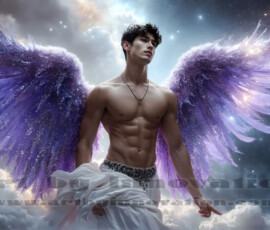 Stunning AI-generated male angel art — handsome heavenly warriors with enormous shimmering wings descending from the celestial realm. Heaven's Warriors Collection by Jeff Dupler.
