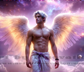 Stunning AI-generated male angel art — handsome heavenly warriors with enormous shimmering wings descending from the celestial realm. Heaven's Warriors Collection by Jeff Dupler.