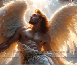 Stunning AI-generated male angel art — handsome heavenly warriors with enormous shimmering wings descending from the celestial realm. Heaven's Warriors Collection by Jeff Dupler.