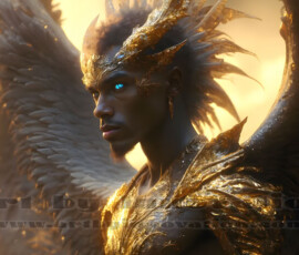 Stunning AI-generated male angel art — handsome heavenly warriors with enormous shimmering wings descending from the celestial realm. Heaven's Warriors Collection by Jeff Dupler.