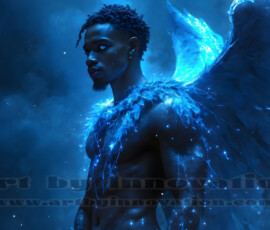 Stunning AI-generated male angel art — handsome heavenly warriors with enormous shimmering wings descending from the celestial realm. Heaven's Warriors Collection by Jeff Dupler.