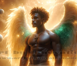 Stunning AI-generated male angel art — handsome heavenly warriors with enormous shimmering wings descending from the celestial realm. Heaven's Warriors Collection by Jeff Dupler.