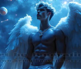 Stunning AI-generated male angel art — handsome heavenly warriors with enormous shimmering wings descending from the celestial realm. Heaven's Warriors Collection by Jeff Dupler.